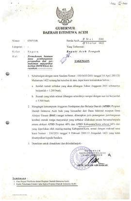 Surat Gebenur Daerah Istimewa Aceh Hal Permohonan Bantuan Dana Pembangunan Perumahan dan Permukim...