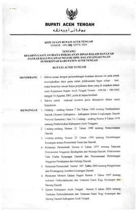 Surat Keputusan Bupati Aceh Tengah Tentang Besarnya Satuan Biaya Perjalanan Dinas Dalam dan Luar ...