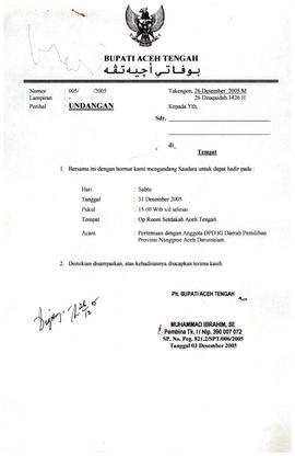 Surat Dewan Perwakilan Daerah Republik Indonesia Nomor : DPD/MI.060/311/2005, Tentang Kegiatan An...