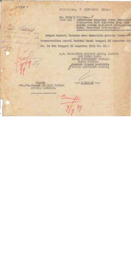 Surat no.3492/5/DPD/umum. tanggal 7 September 1949 A/N Gubernur militer Aceh Langkat dan Tanah Ka...